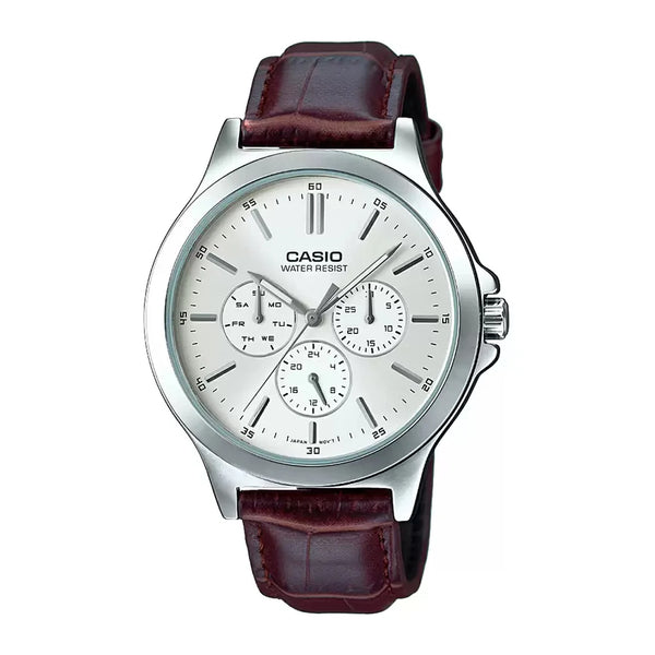 Casio Enticer Chronograph Silver Dial Leather Strap Watch| MTP-V300L-7AUDF