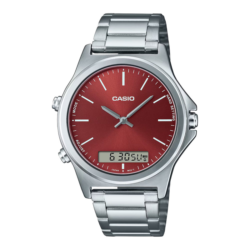 Casio Minimalist Dual Timer Red Dial Stainless Steel Watch | MTP-VC01D-5EUDF