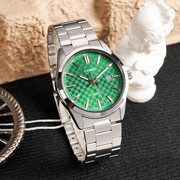 Casio Men Enticer Analog Green Chess Dial Watch| MTP-VD03D-3A1UDF