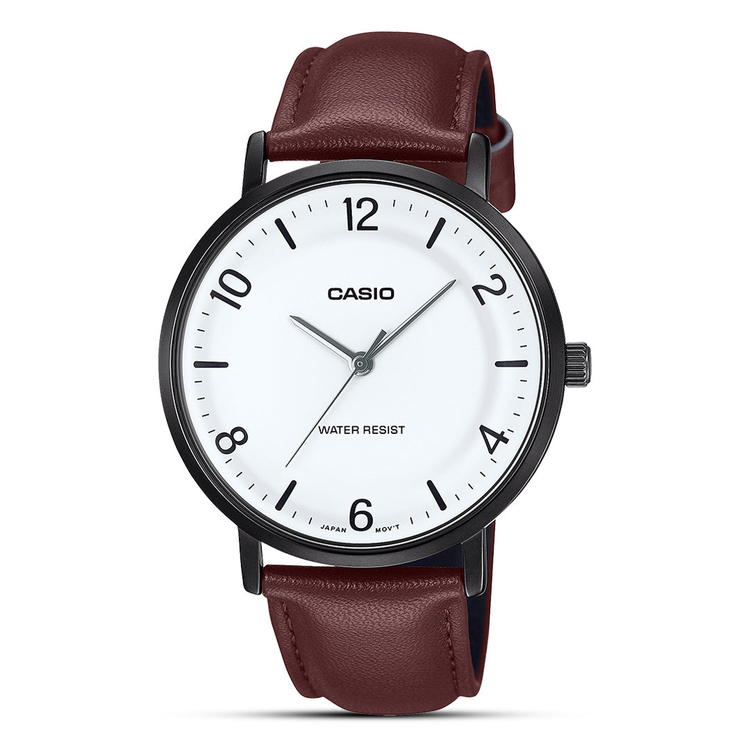 Casio Enticer White Leather Band Dial Men's Watch | MTP-VT03BL-7BDF
