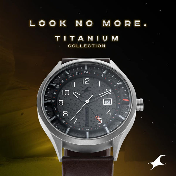 Fastrack Titanium Case Grey Dial Analog Leather Strap Watch | NN3205TL01