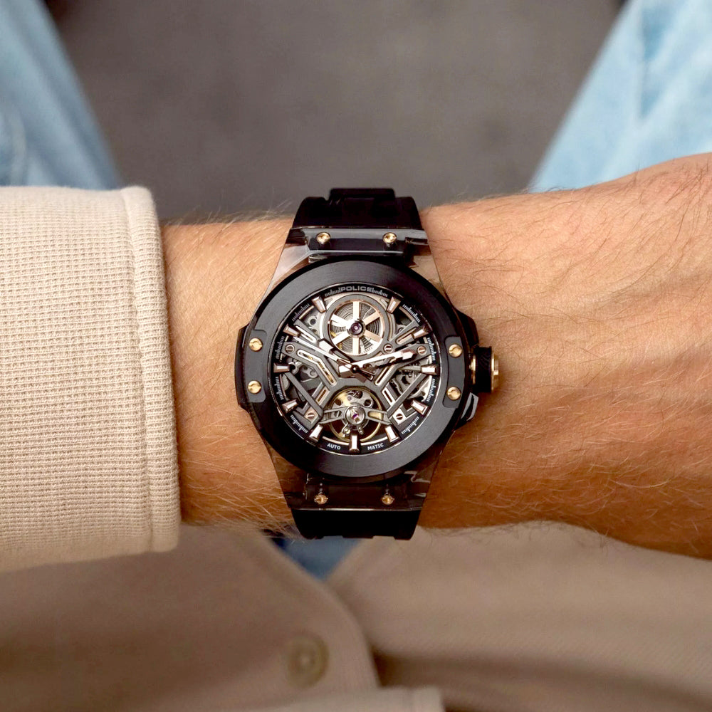 Police Cyclone Black Automatic Skeleton Dial Men's Watch PEWGR0082202