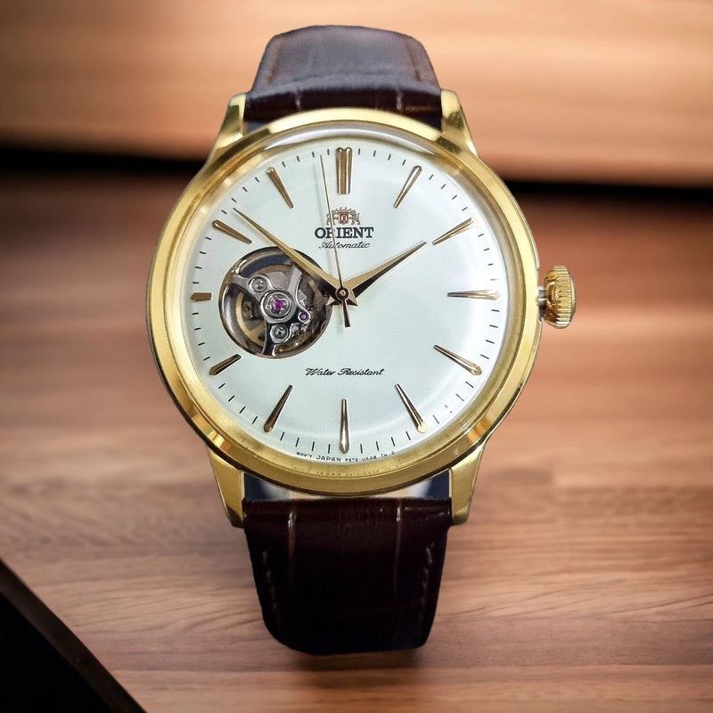 Orient "Bambino Open Heart" Automatic Leather Strap Watch | RA-AG0003S10B