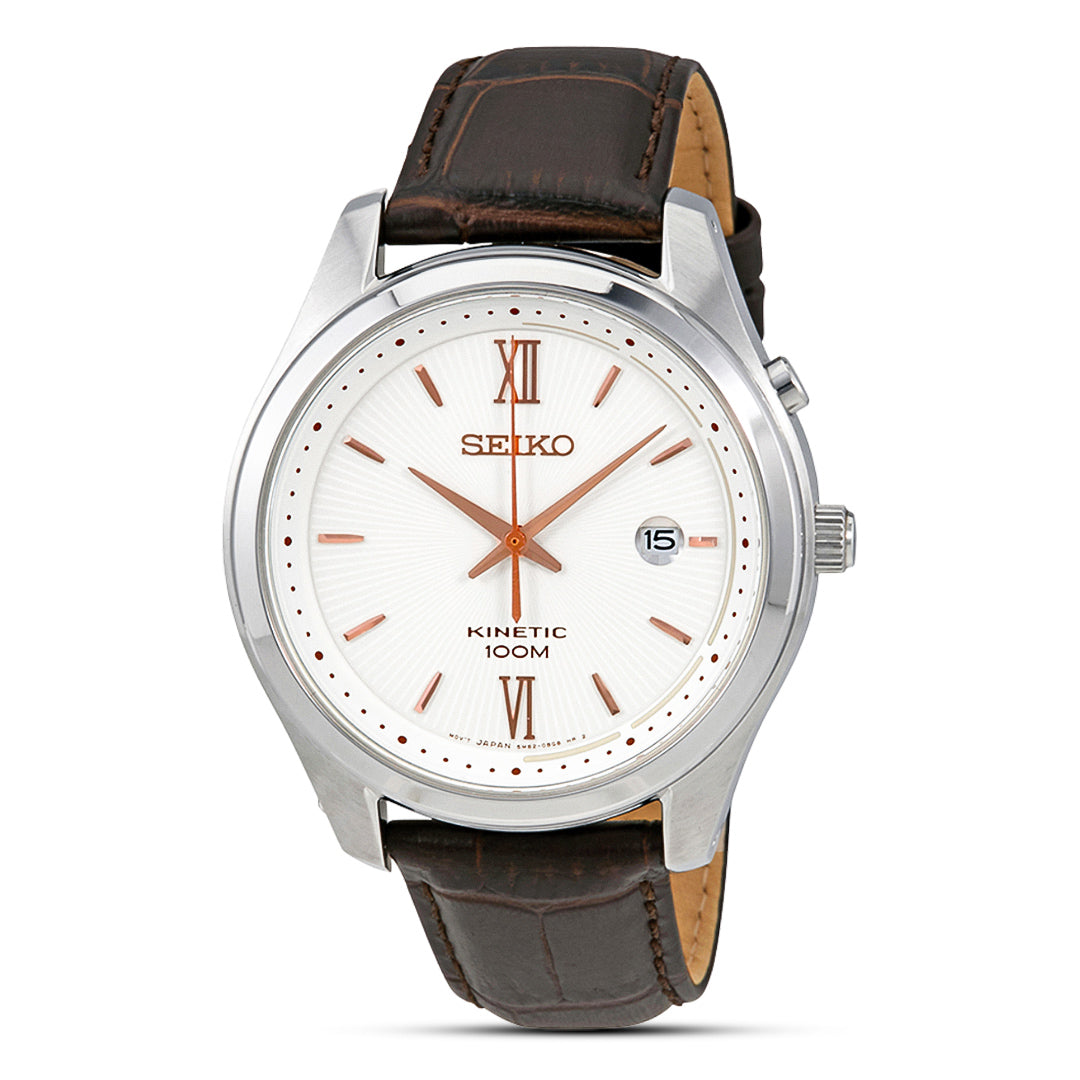 Seiko Kinetic White Dial Brown Leather Band Men's Watch | SKA773P1