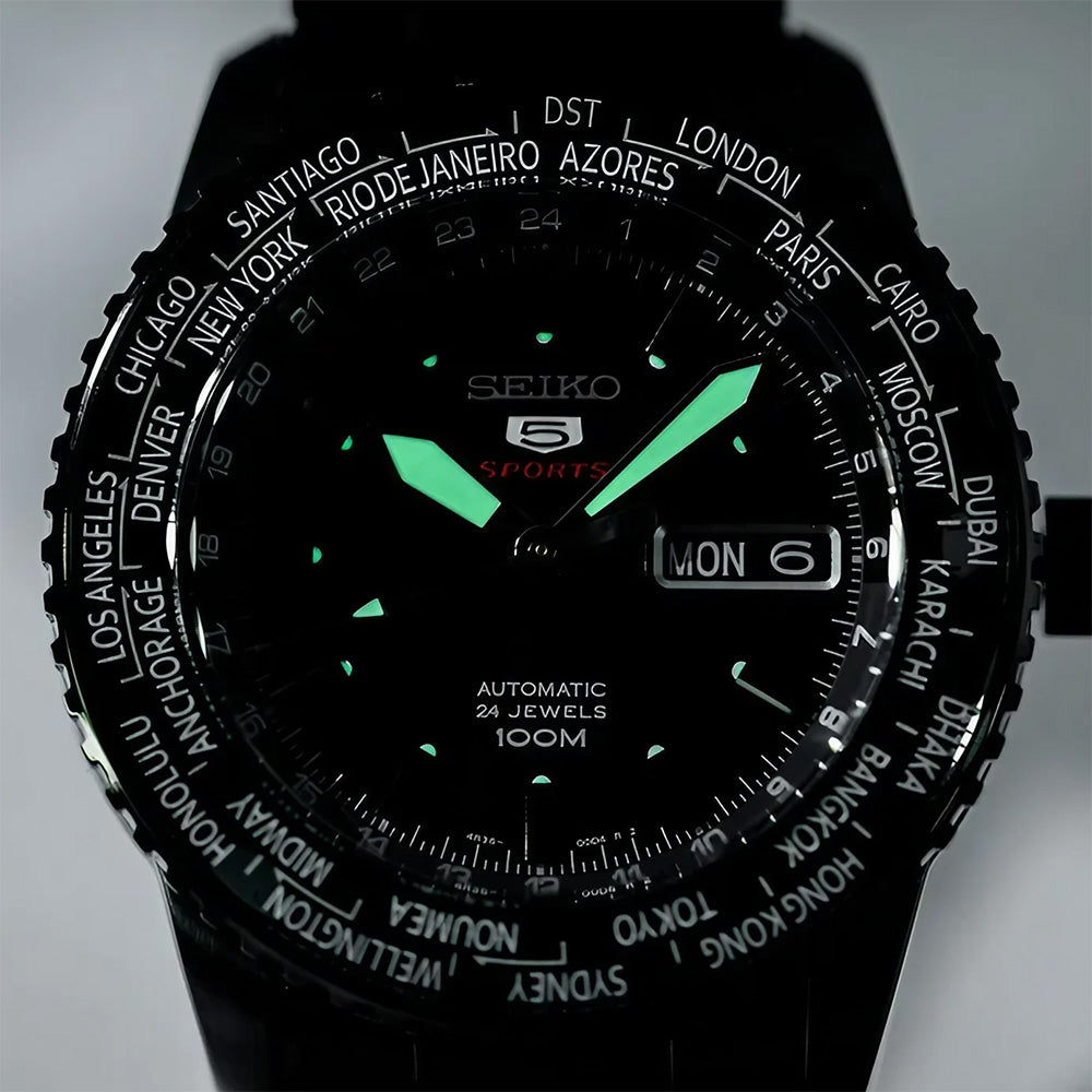 SEIKO 5 SPORTS 自動巻 ワールドタイム Seiko 5 Sports World Timer Automatic Black Dial Watch SRP129K1