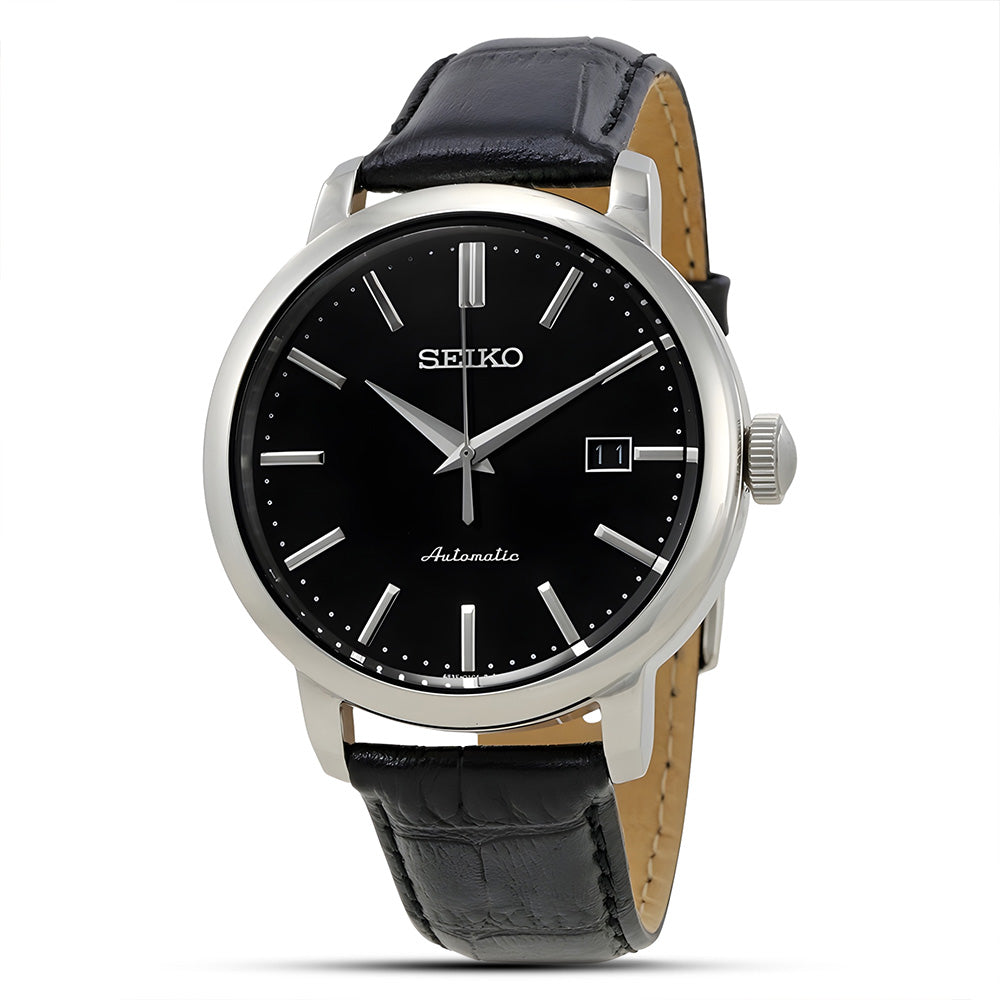  Seiko Classic Automatic Black Dial Leather Strap Watch SRPA27K1
