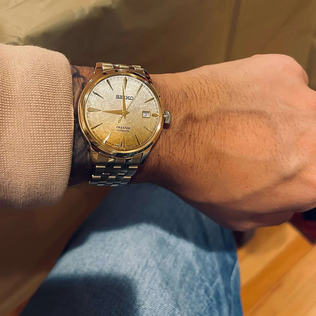 Seiko Presage On Wrist Seiko Presage Cocktail Time Auto Gold Tone Dial Men's Watch SRPK46