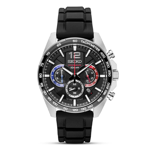 Seiko Essentials Chronograph Black Silicon Strap Watch SSB347P1