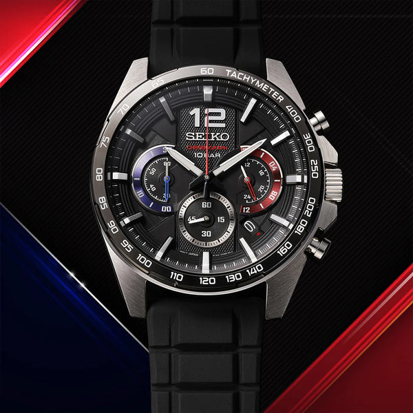 Seiko Essentials Chronograph Black Silicon Strap Watch SSB347P1