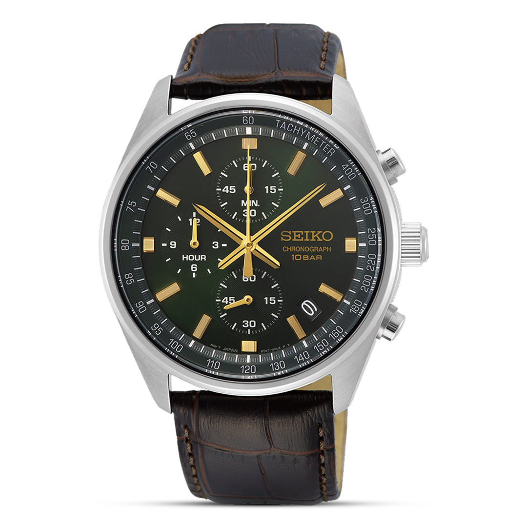 Seiko Chronograph Green Dial Leather Men's Watch| SSB385P1 Seiko Chronograph Green Dial Leather Men's Watch| SSB385P1