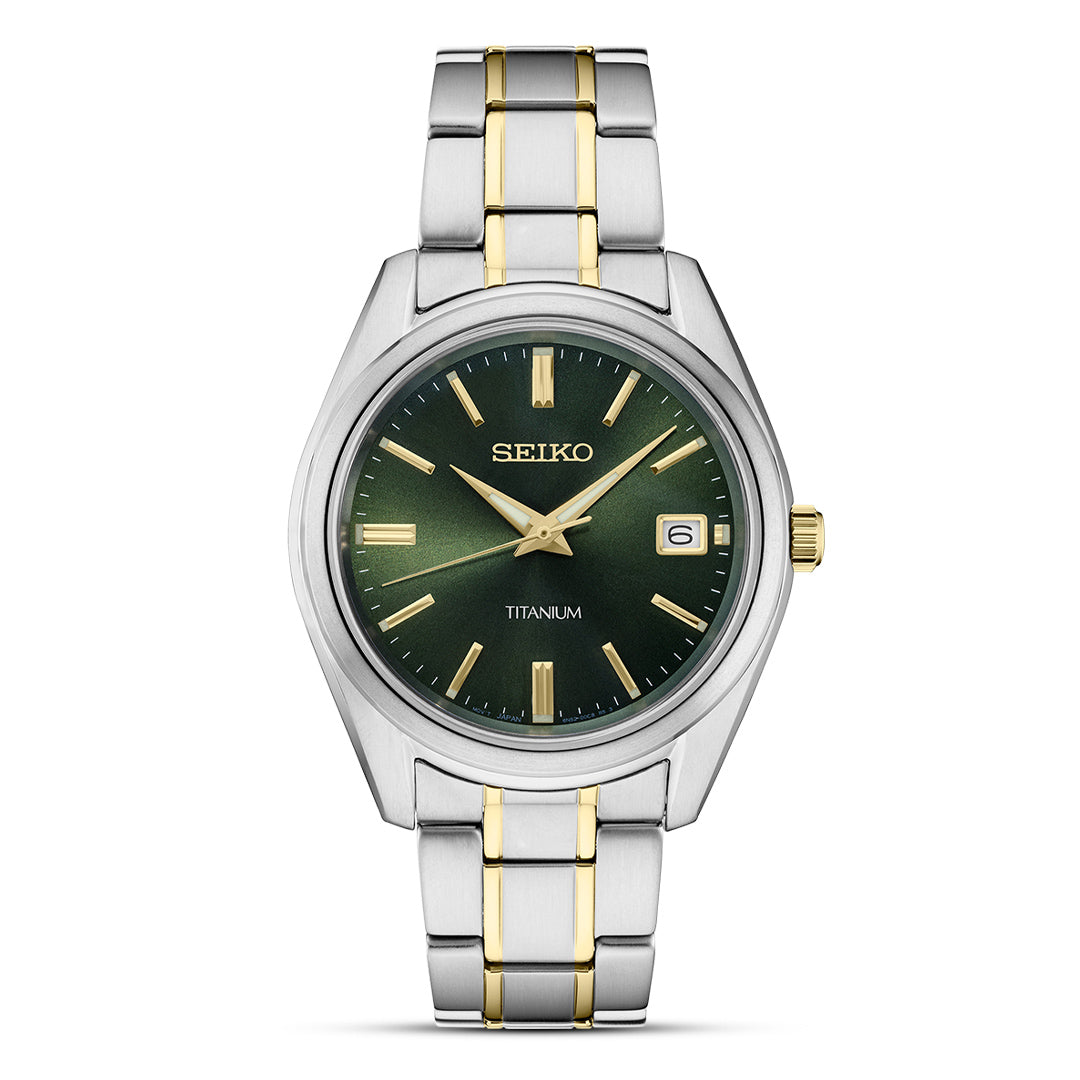 Seiko Essentials Two Tone Titanium Green Dial Men's Watch SUR377