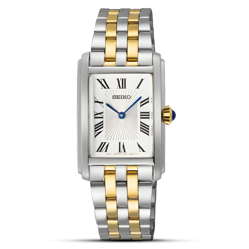 Seiko Essential Rectangular Two Tone White Dial Ladies Watch SWR087P1
