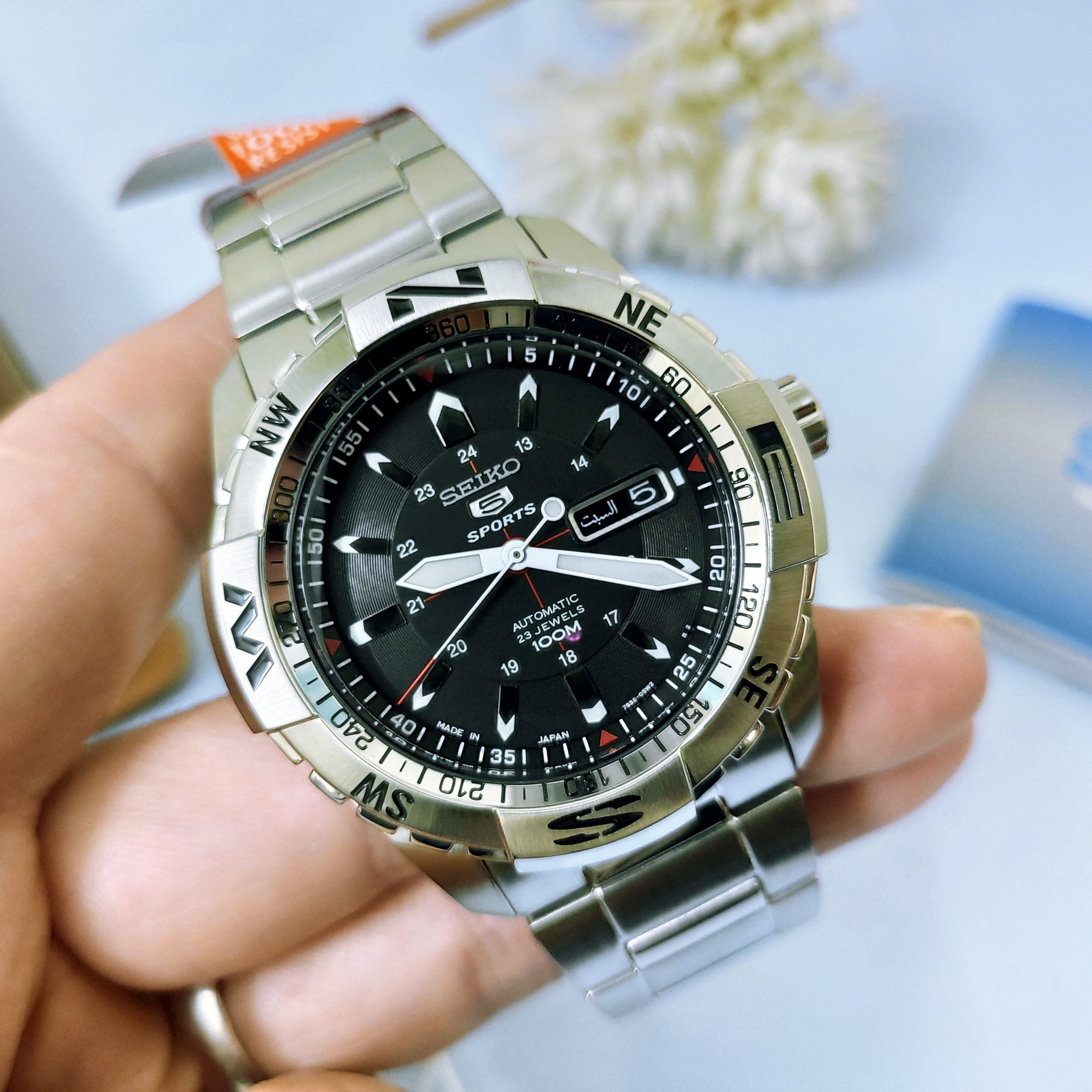 Seiko Sports 5 Black Dial Stainless Steel Mens Watch | SNZJ05