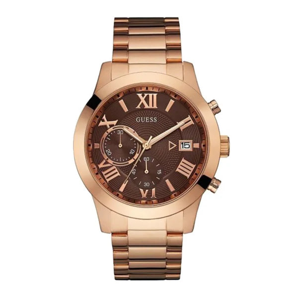 Guess Atlas Brown Dial Rose Gold Tone Chronograph Watch | W0668G1