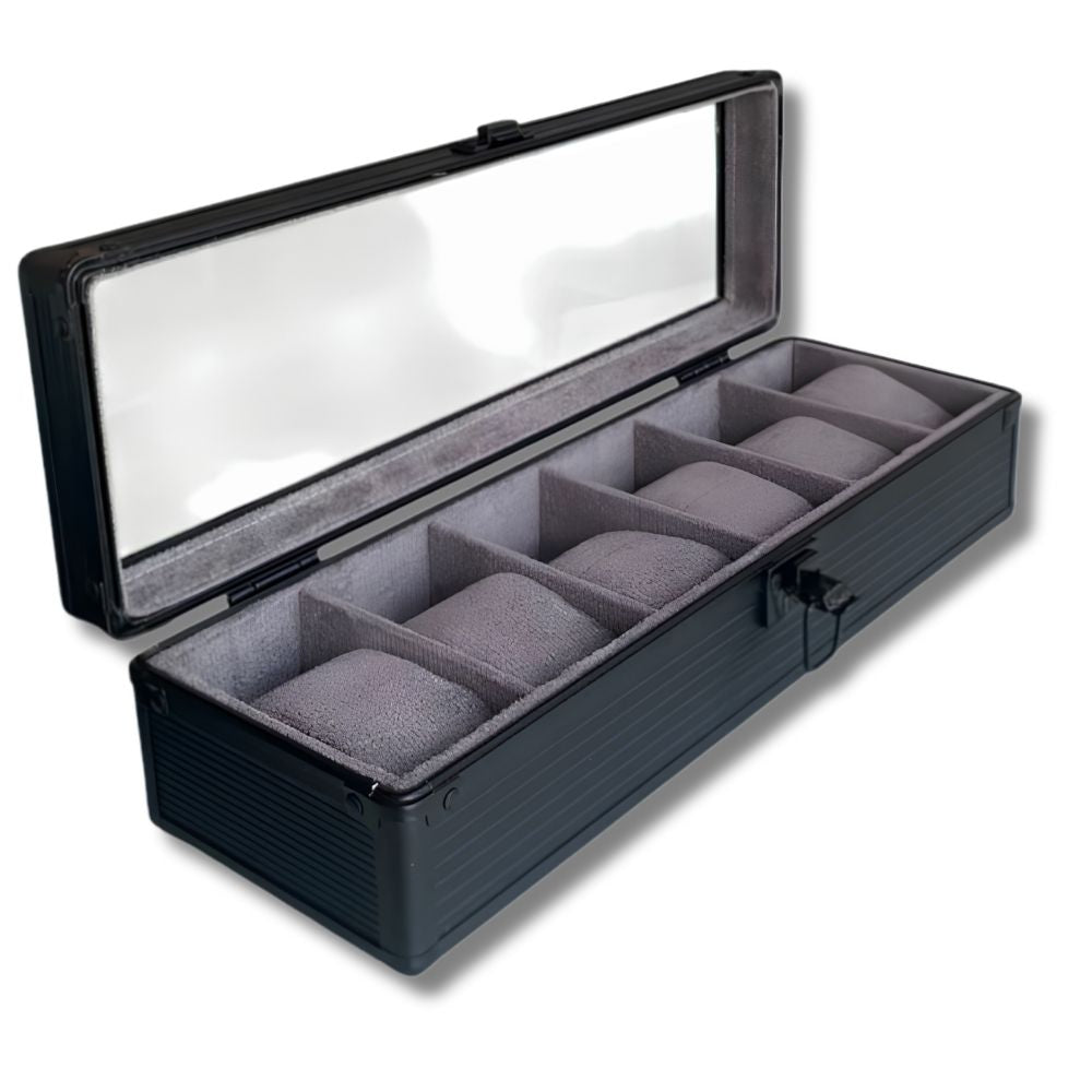 6 Slots Premium Black Watch Case Stylish & Secure Storage