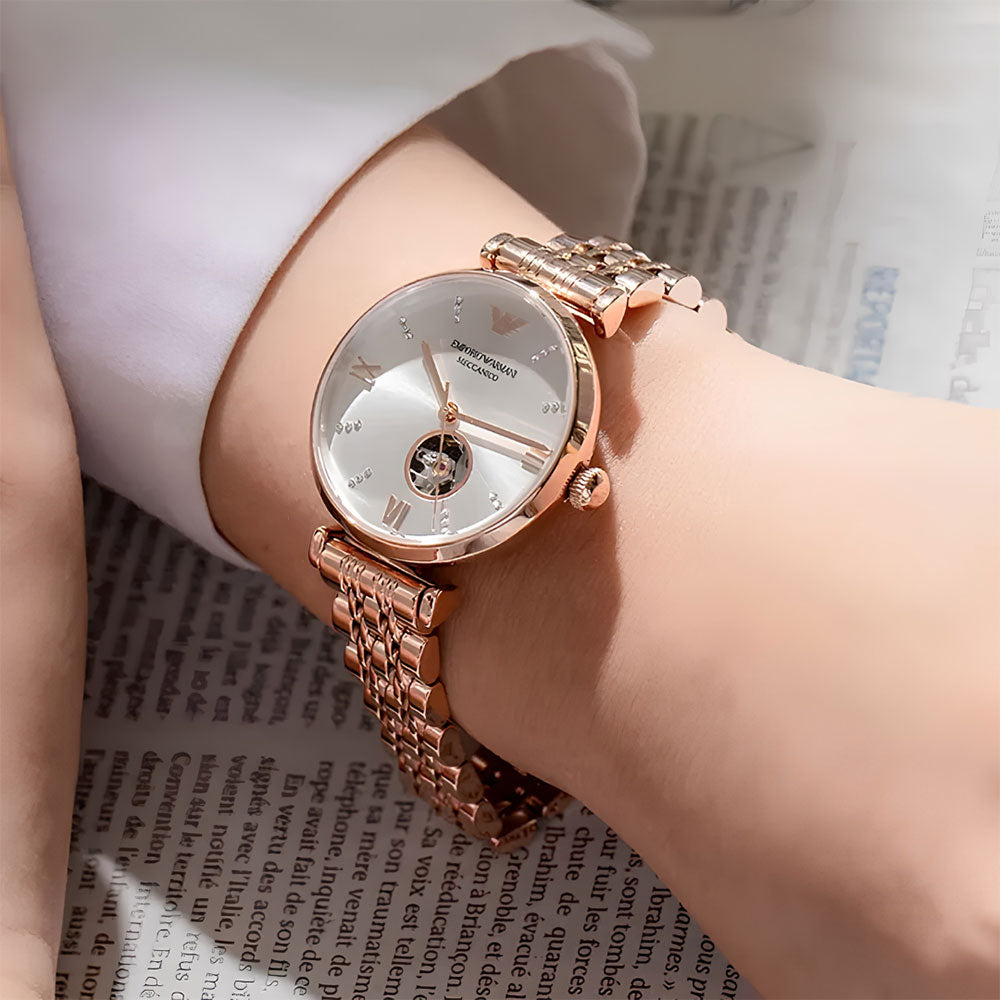 Emporio Armani Gianni T-Bar Automatic Silver Dial Ladies Watch AR60023