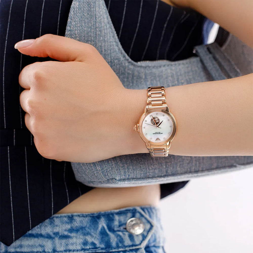 Emporio Armani Open Heart Automatic Rose Gold-Tone Ladies Watch AR60072