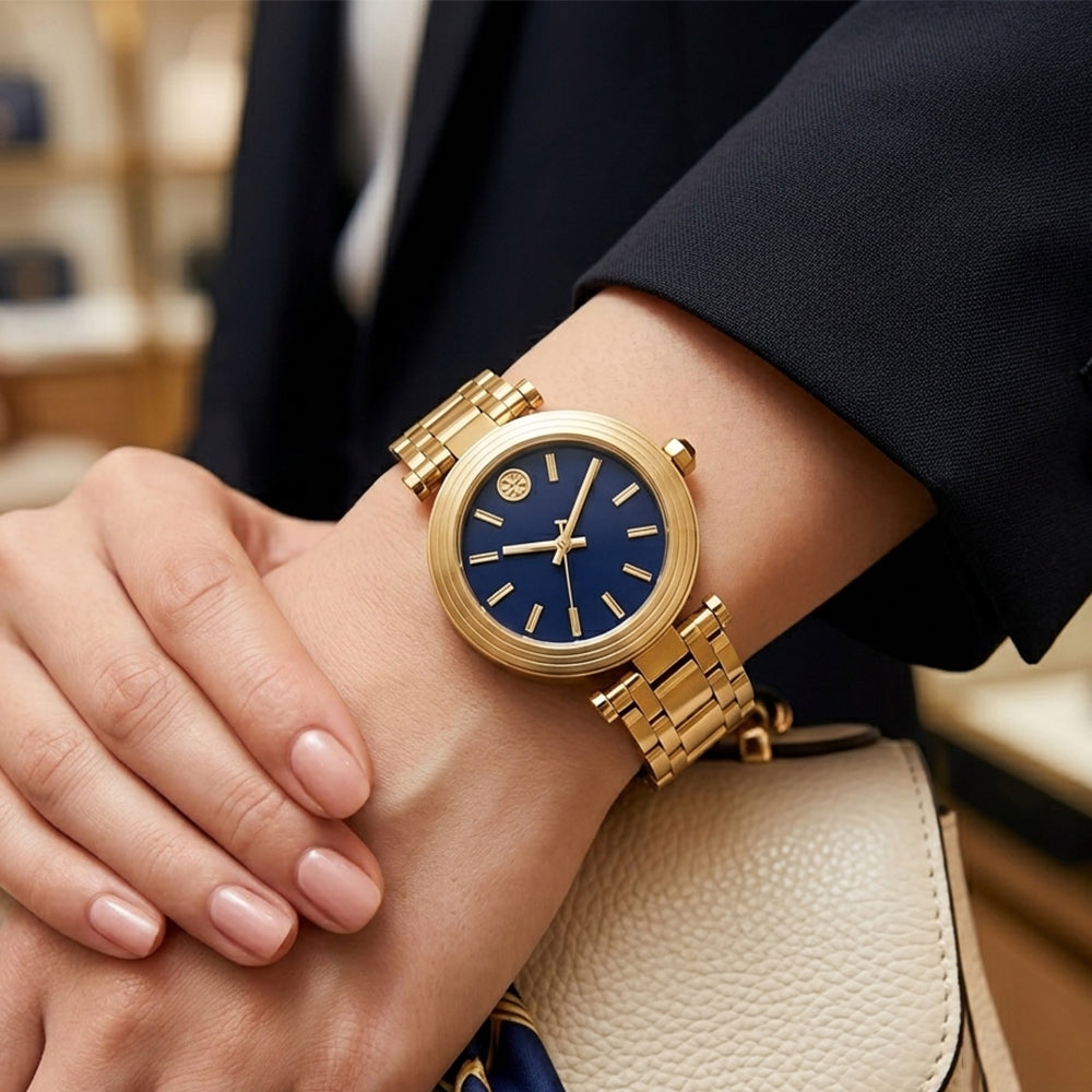 Tory Burch Classic T Blue Dial Gold-Tone Ladies Watch TBW9010
