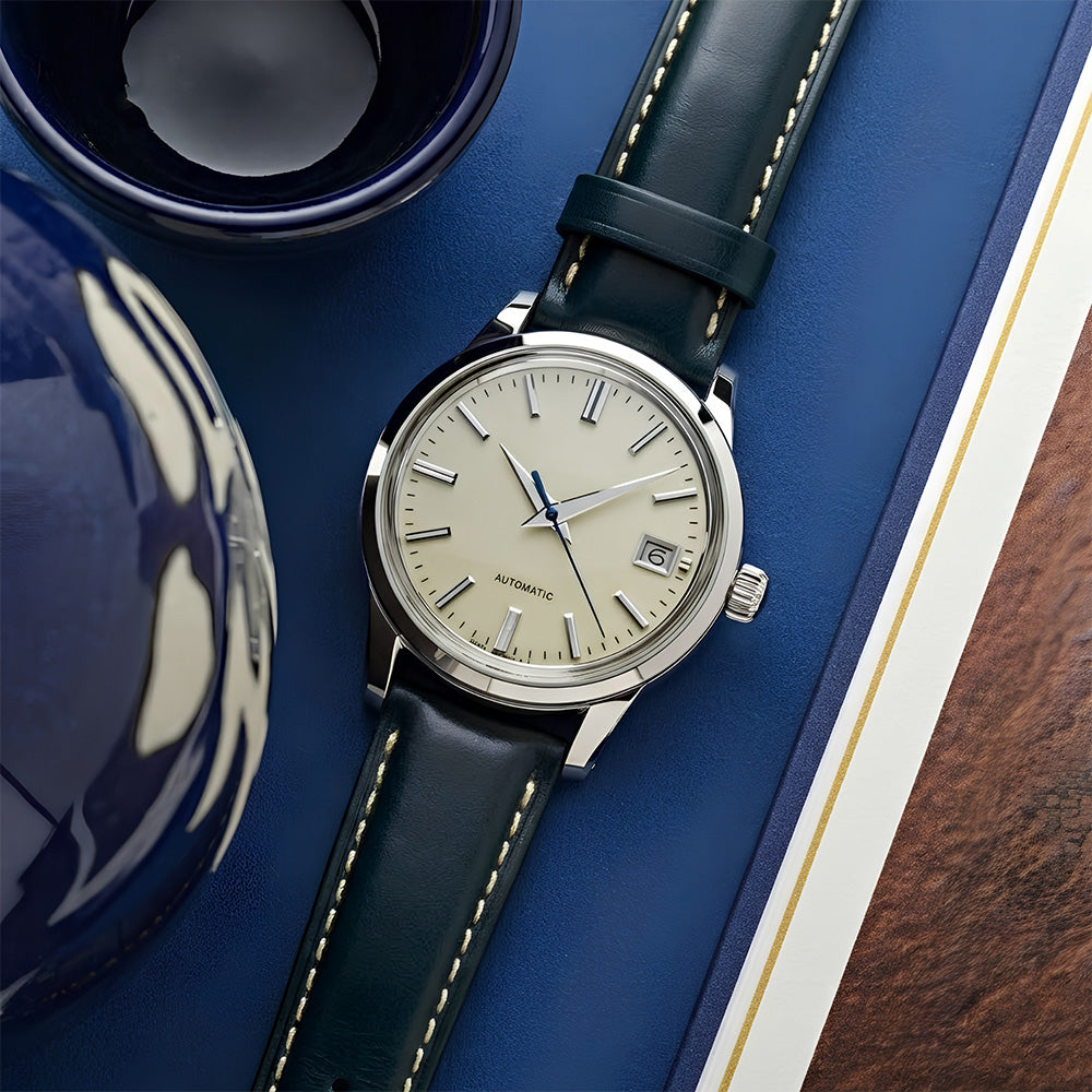 Cavern 20mm Plain Dark Green Leather White Stitching Strap