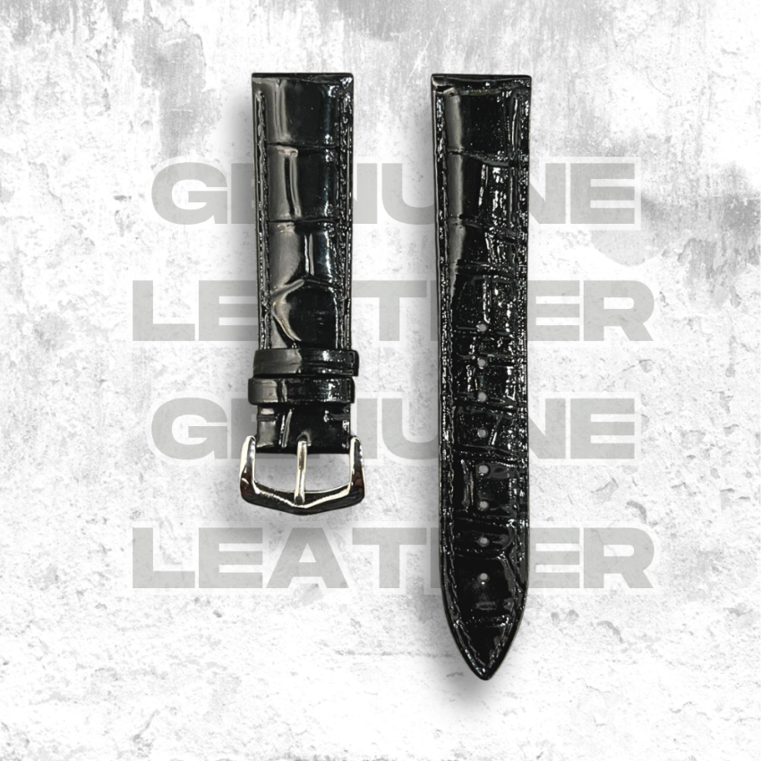 Cavern Crocodile Textured Glossy Black Leather Watch Strap | 20MM