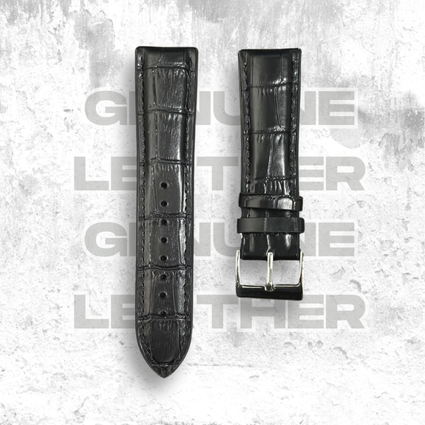 Cavern Crocodile Textured Black Leather-Silicon Watch Strap | 22MM