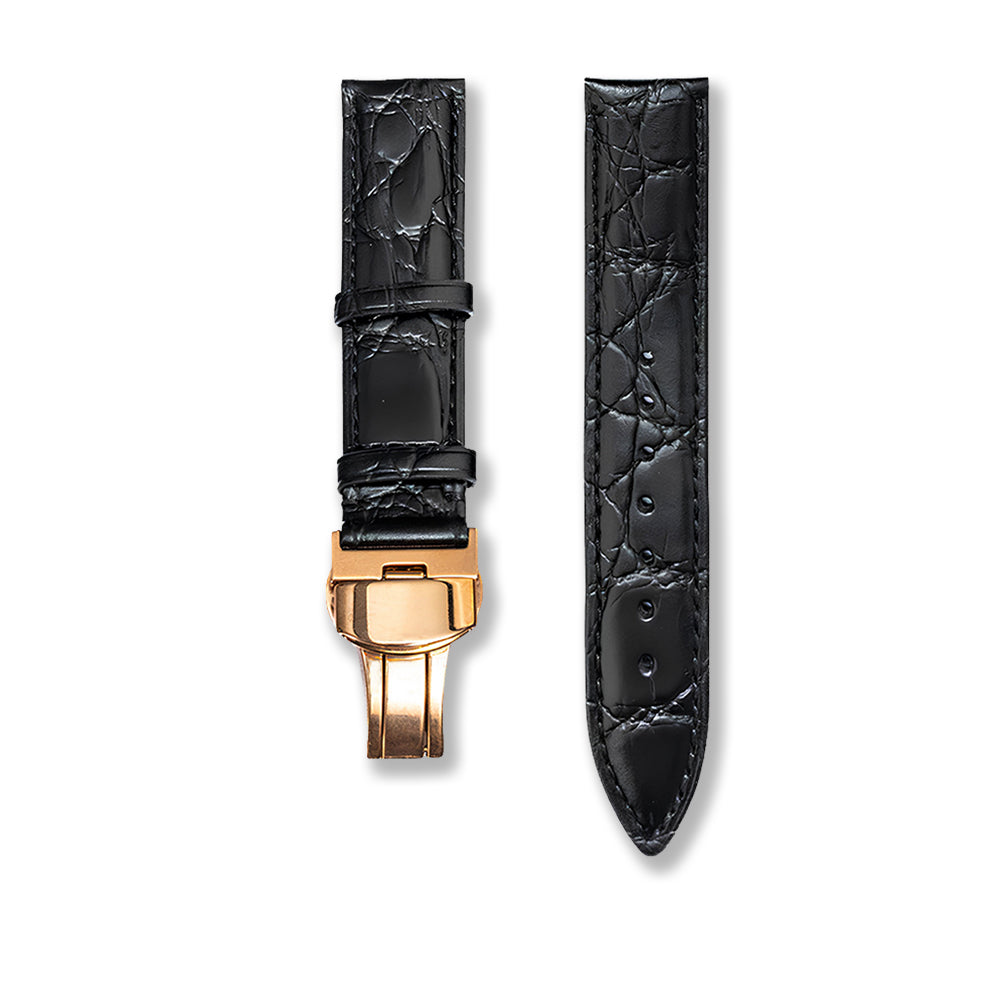 Cavern 22mm Black Genuine Alligator Leather Strap With Butterfly Clasp