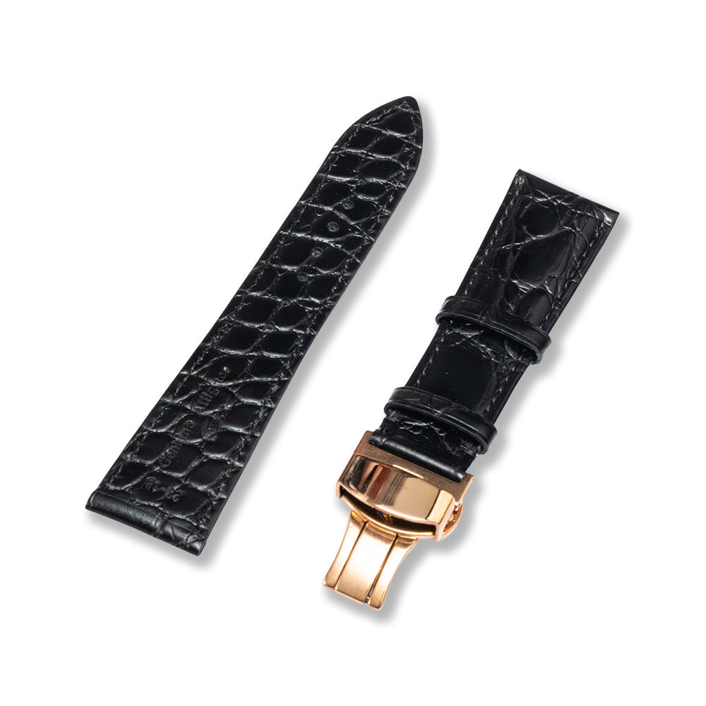 Cavern 22mm Black Genuine Alligator Leather Strap With Butterfly Clasp
