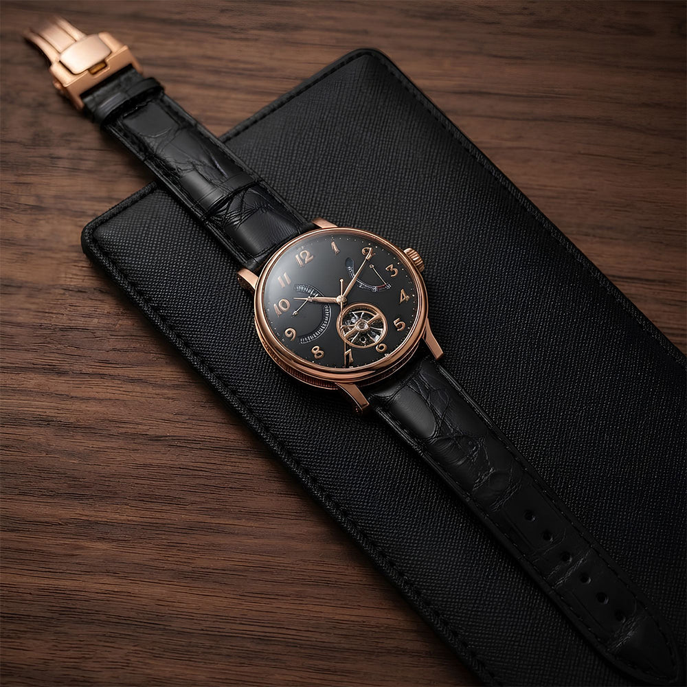 Cavern 22mm Black Genuine Alligator Leather Strap With Butterfly Clasp