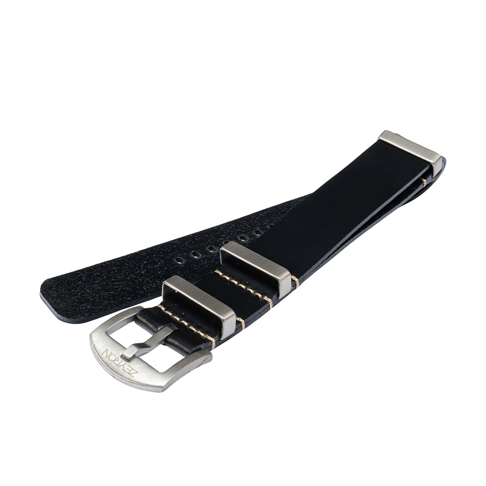 Zeyron 22mm Black Cowhide Leather Nato Strap