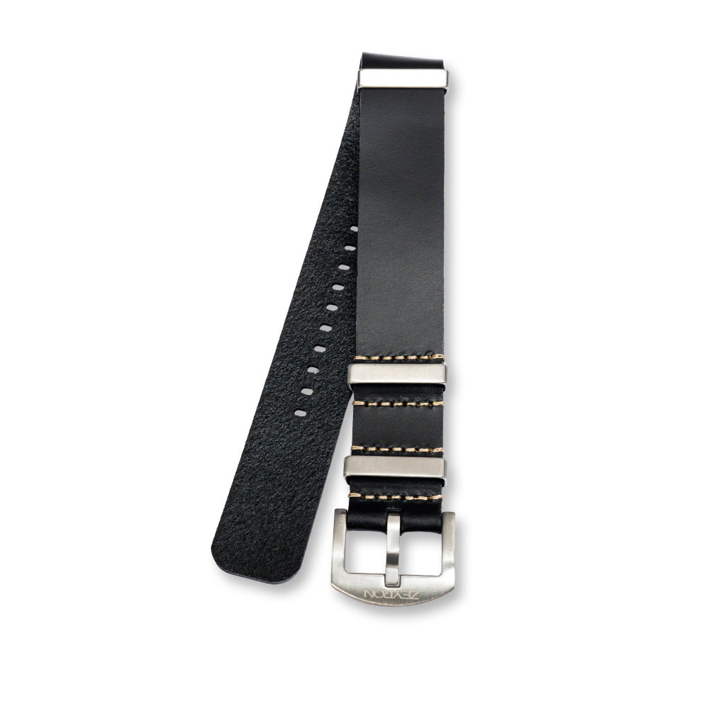 Zeyron 22mm Black Cowhide Leather Nato Strap