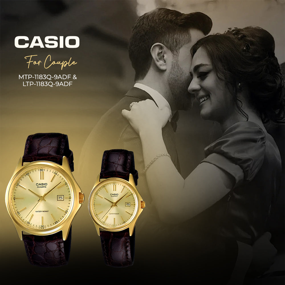 Casio Enticer Champagne Dial Leather Strap Couple Watch | MTP-1183Q-9ADF & LTP-1183Q-9ADF