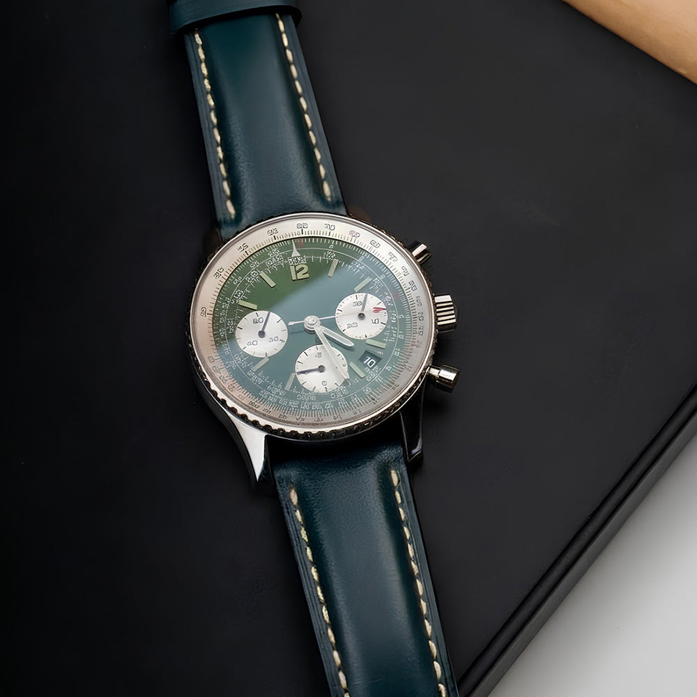 Cavern 22mm Plain Dark Green Leather White Stitching Strap