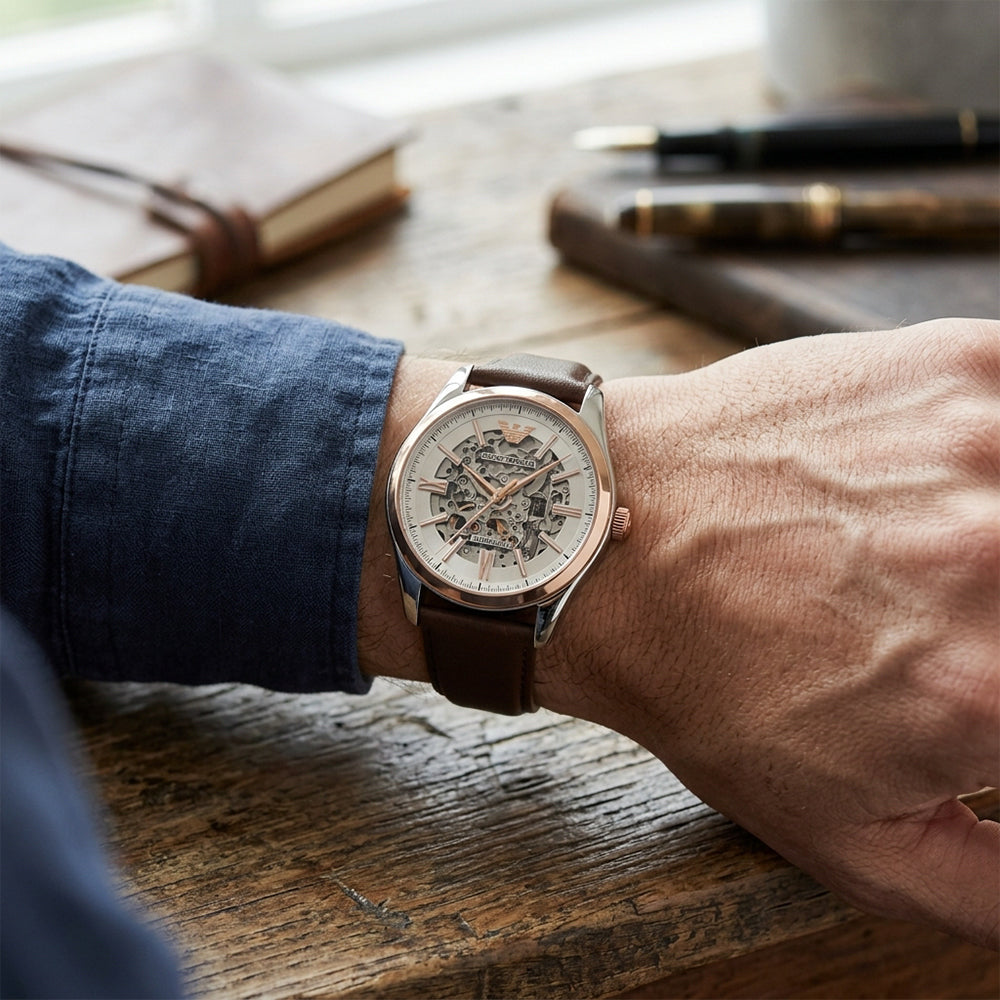 Emporio Armani Silver Skeleton Dial Automatic Watch | AR60094