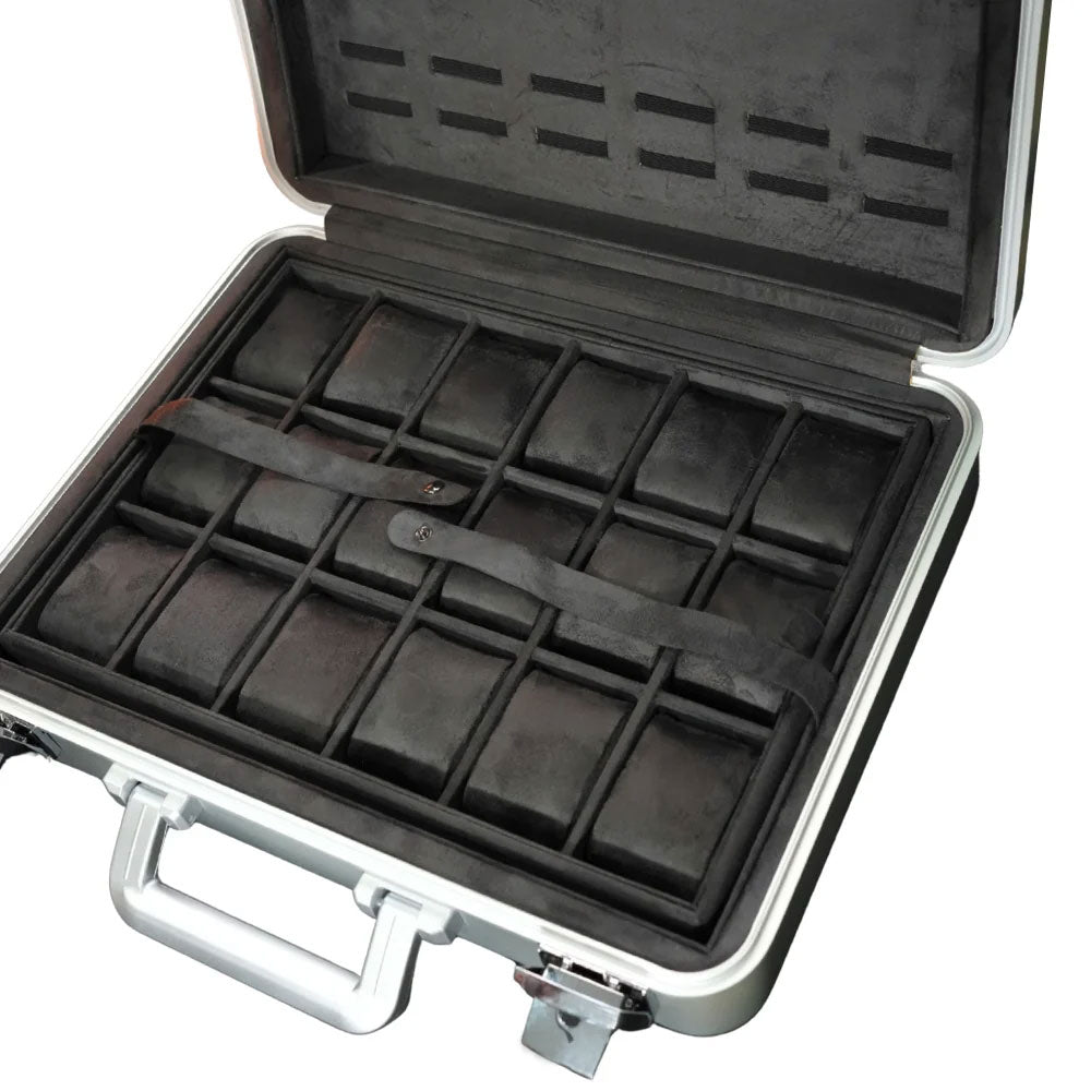 ZEYRON 18 Slots Premium Silver Watch Case with Handle-Stylish & Secure Storage
