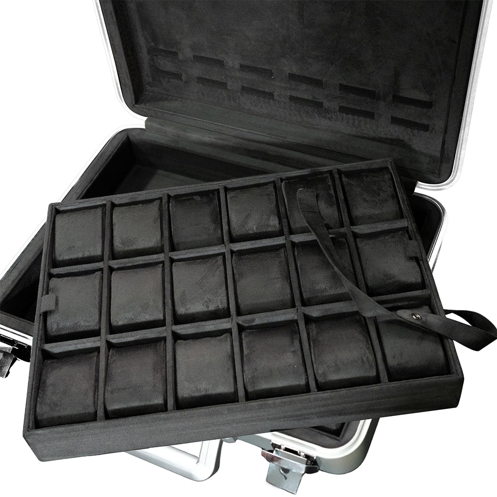 ZEYRON 18 Slots Premium Silver Watch Case with Handle-Stylish & Secure Storage