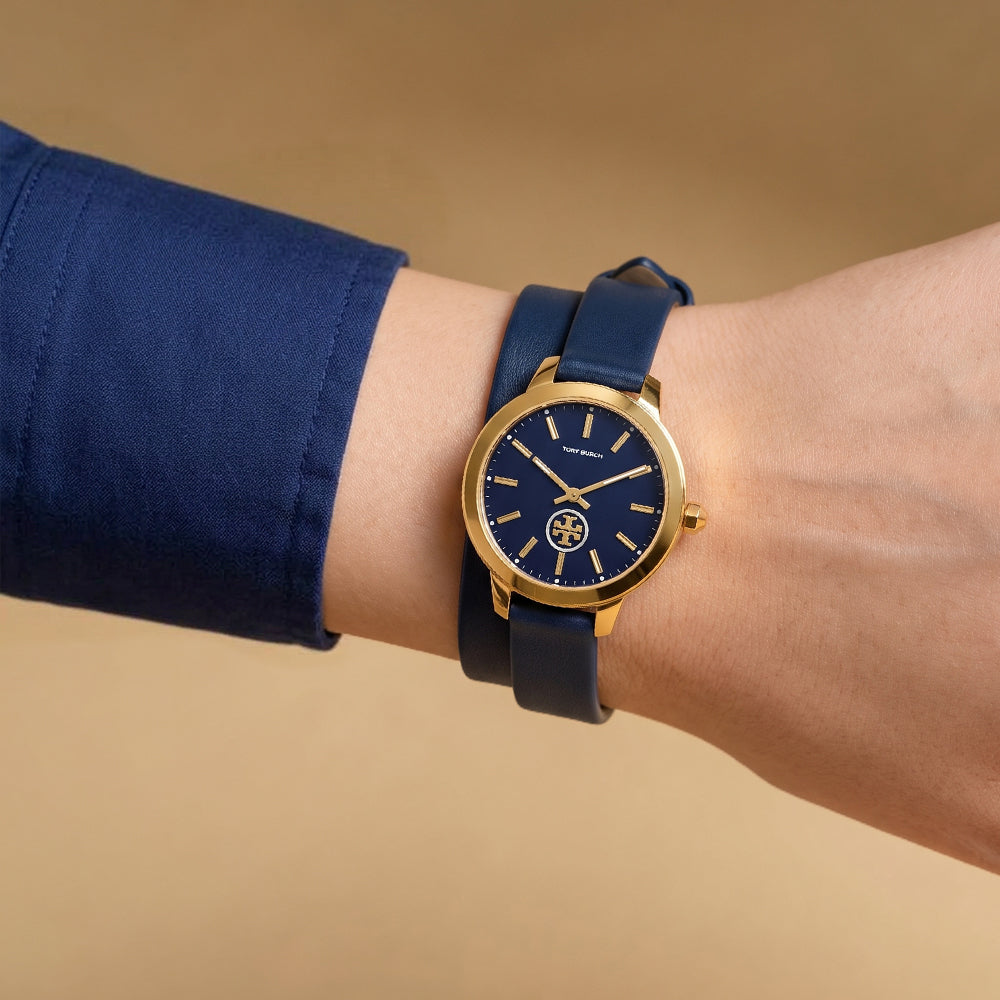 Tory Burch Collins Blue Dial Leather Double Wrap Ladies Watch TBW1303