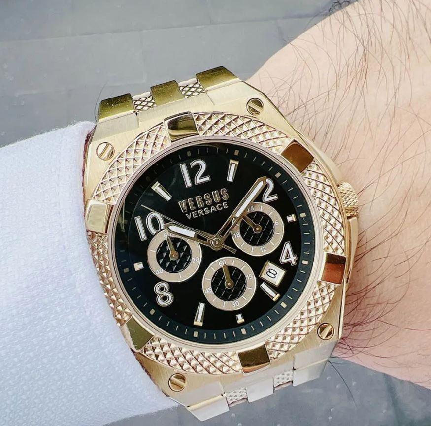 Versus By Versace VSPEW0219 Esteve - Orologio Uomo Cronografo Al Quarzo, Cassa Acciaio 46mm, Quadrante Nero, Cinturino In Pelle