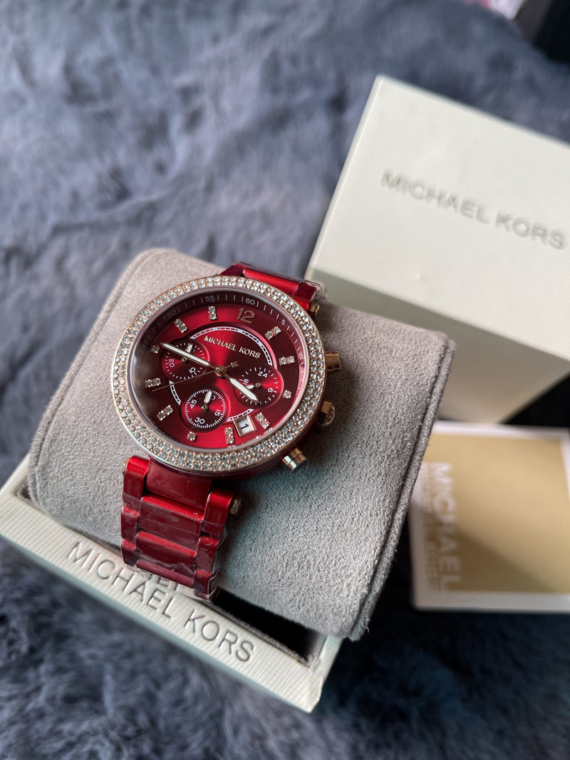 Michael Kors Round Chronograph Red Dial Ladies Watch, MK 6805 - Time Access store