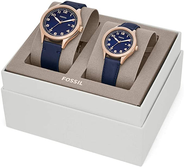 Fossil His and Her Wylie Three-Hand Navy Leather Watch Box Set BQ2470SET - Time Access store