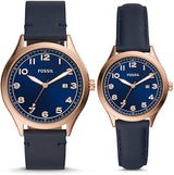 Fossil His and Her Wylie Three-Hand Navy Leather Watch Box Set BQ2470SET - Time Access store