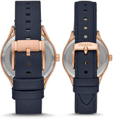 Fossil His and Her Wylie Three-Hand Navy Leather Watch Box Set BQ2470SET - Time Access store