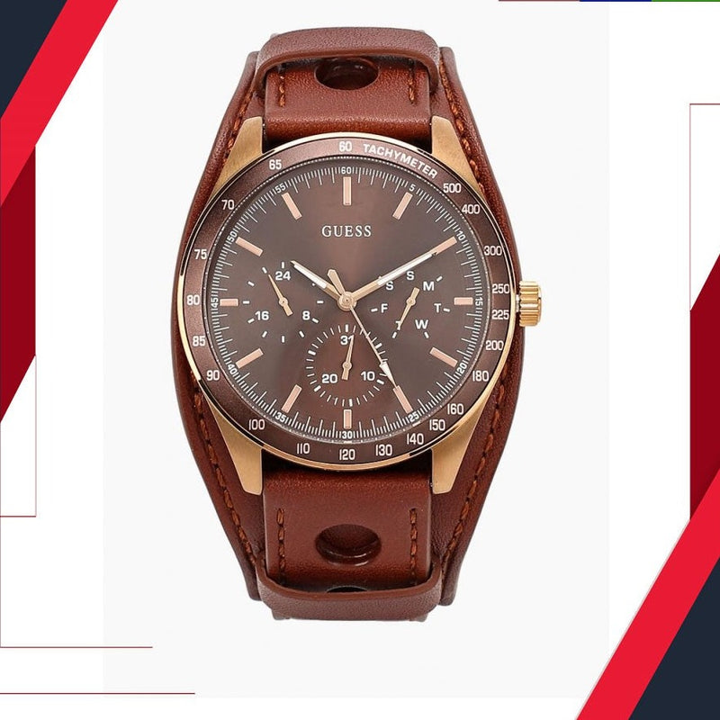 Guess W1100G3 Men's Analogue Quartz Watch with Leather Strap, brown, W1100G3 - Time Access store