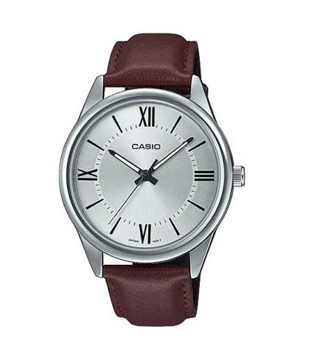 Casio MTP-V005L-7B5 Men's Standard Analog Brown Leather Band Roman Silver Dial Watch - Time Access store