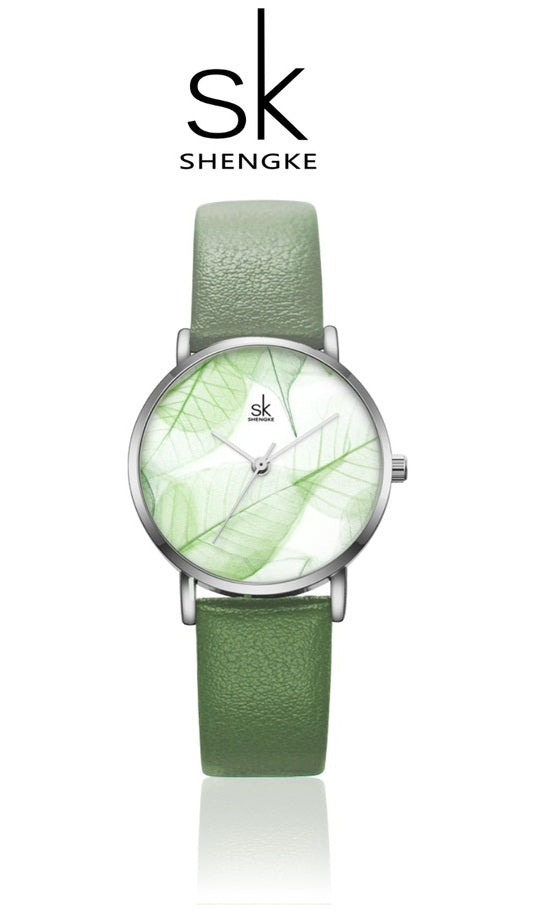 SHENGKE women's watch with elegant steppe green leather strap - 11K0108L01SK - Genuine - Time Access store