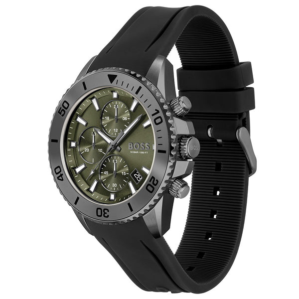 HUGO BOSS ADMIRAL OLIVE GREEN DIAL BLACK SILICON WATCH HB1513967 - Time Access store